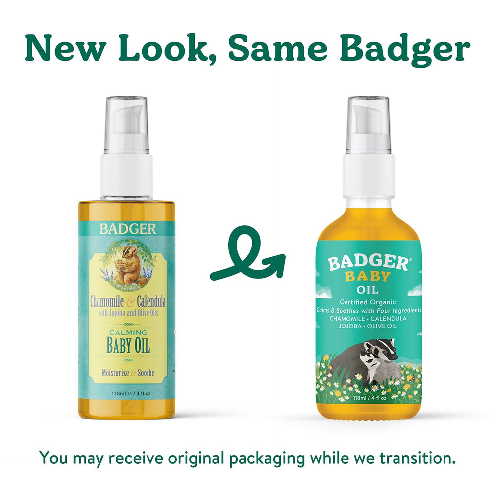 Badger Baby Oil chamomile calendula scent for a soothing, calm routine.