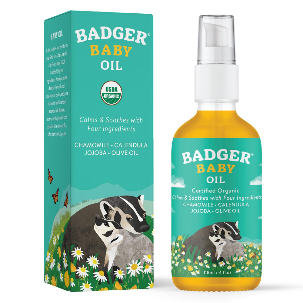 Badger Baby Oil for massage and bonding during gentle routines.