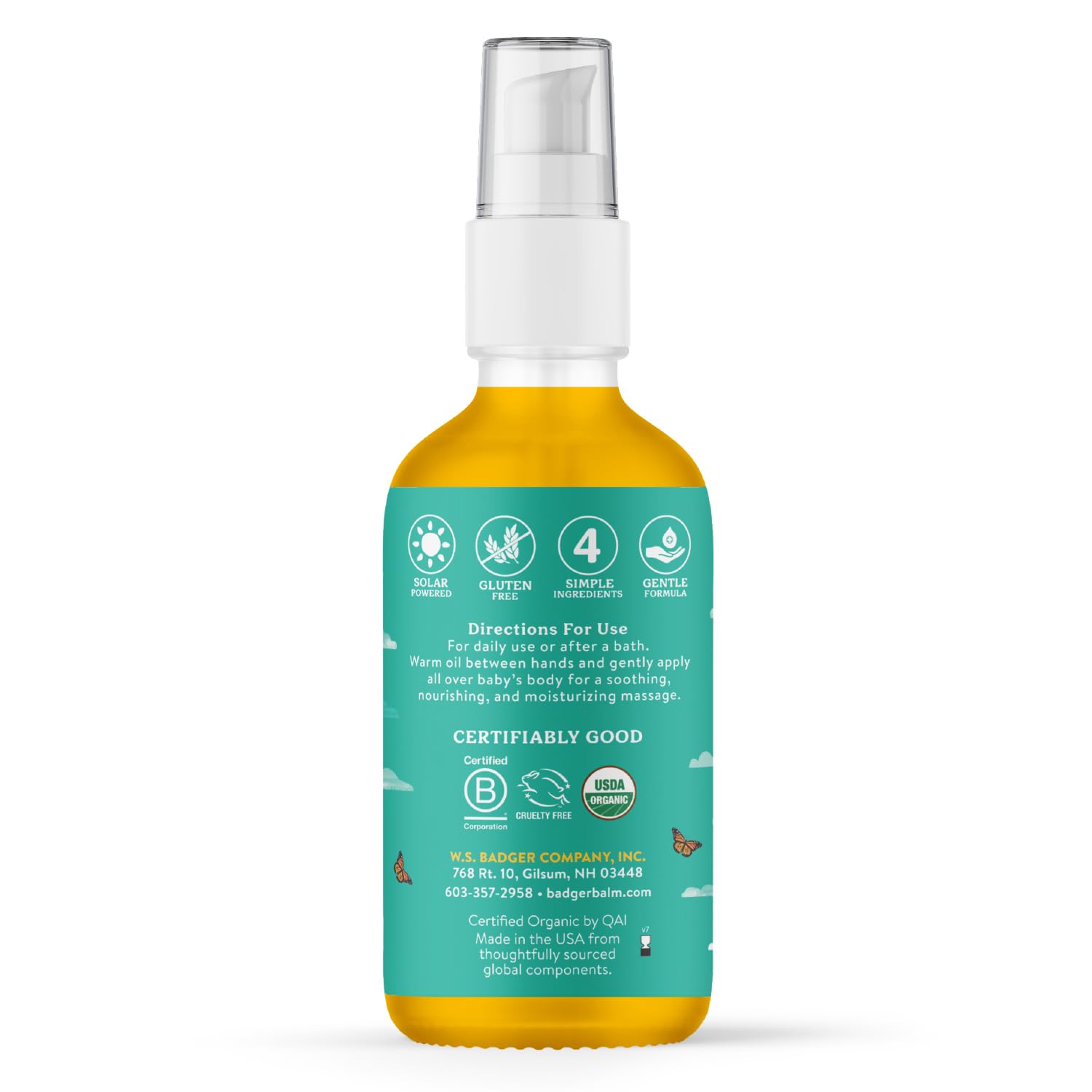 Badger Baby Oil with organic ingredients calm and nourish baby's skin.