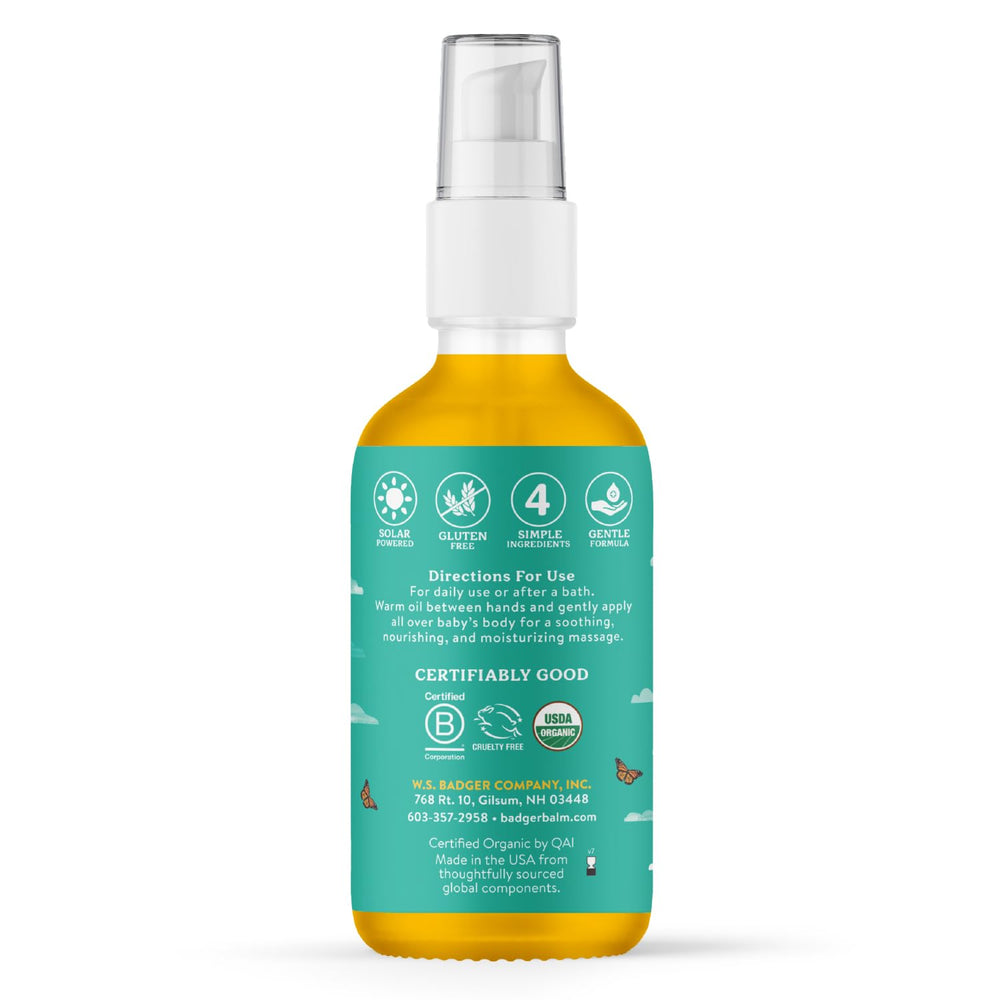 Badger Baby Oil with organic ingredients calm and nourish baby's skin.