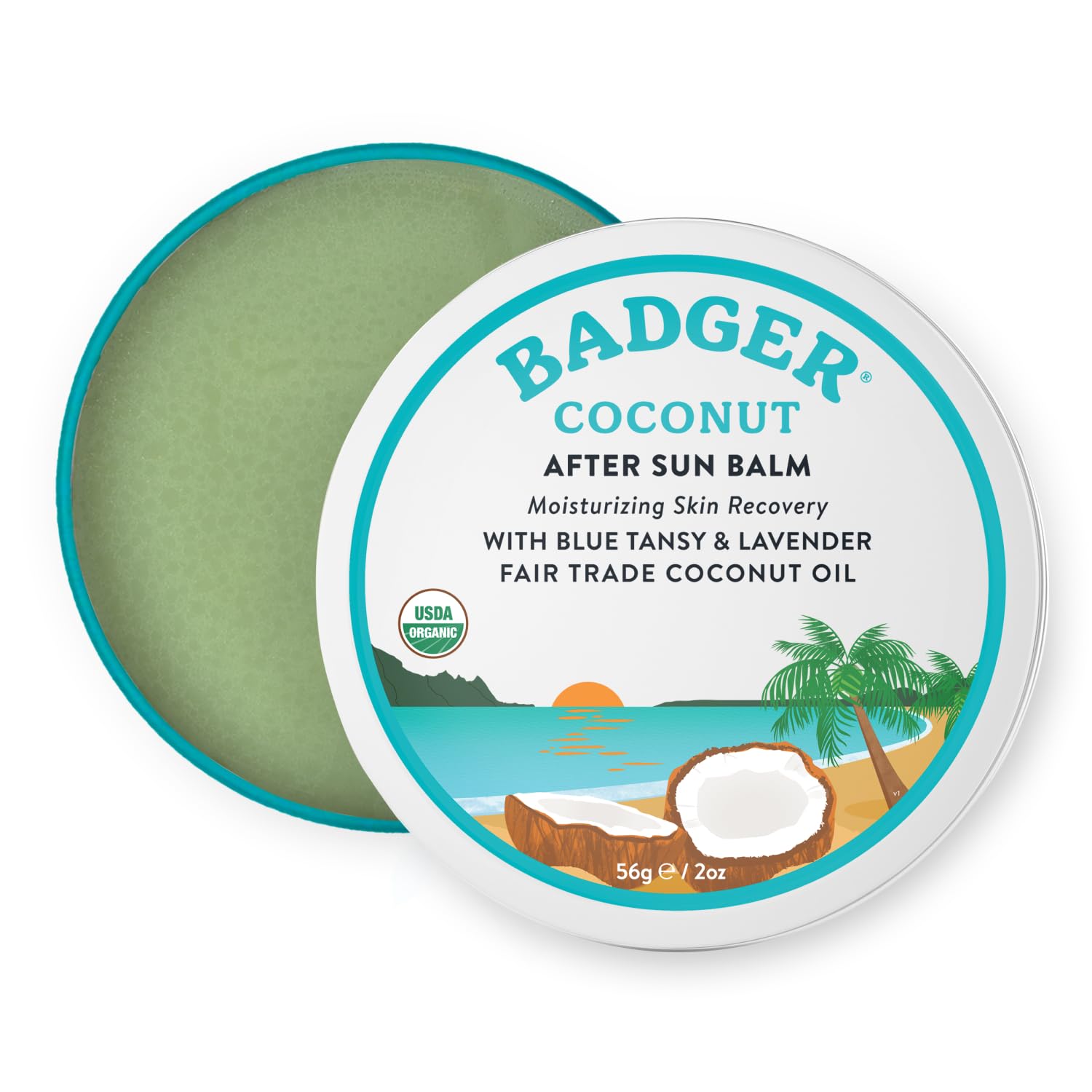Badger Coconut AfterSun Balm tin front view showing tropical scent for hydration