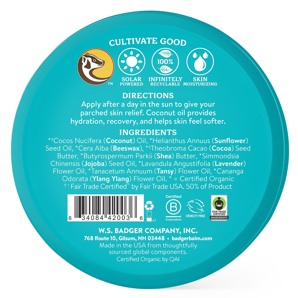 Open tin of Badger Coconut AfterSun Balm showing creamy hydrating texture