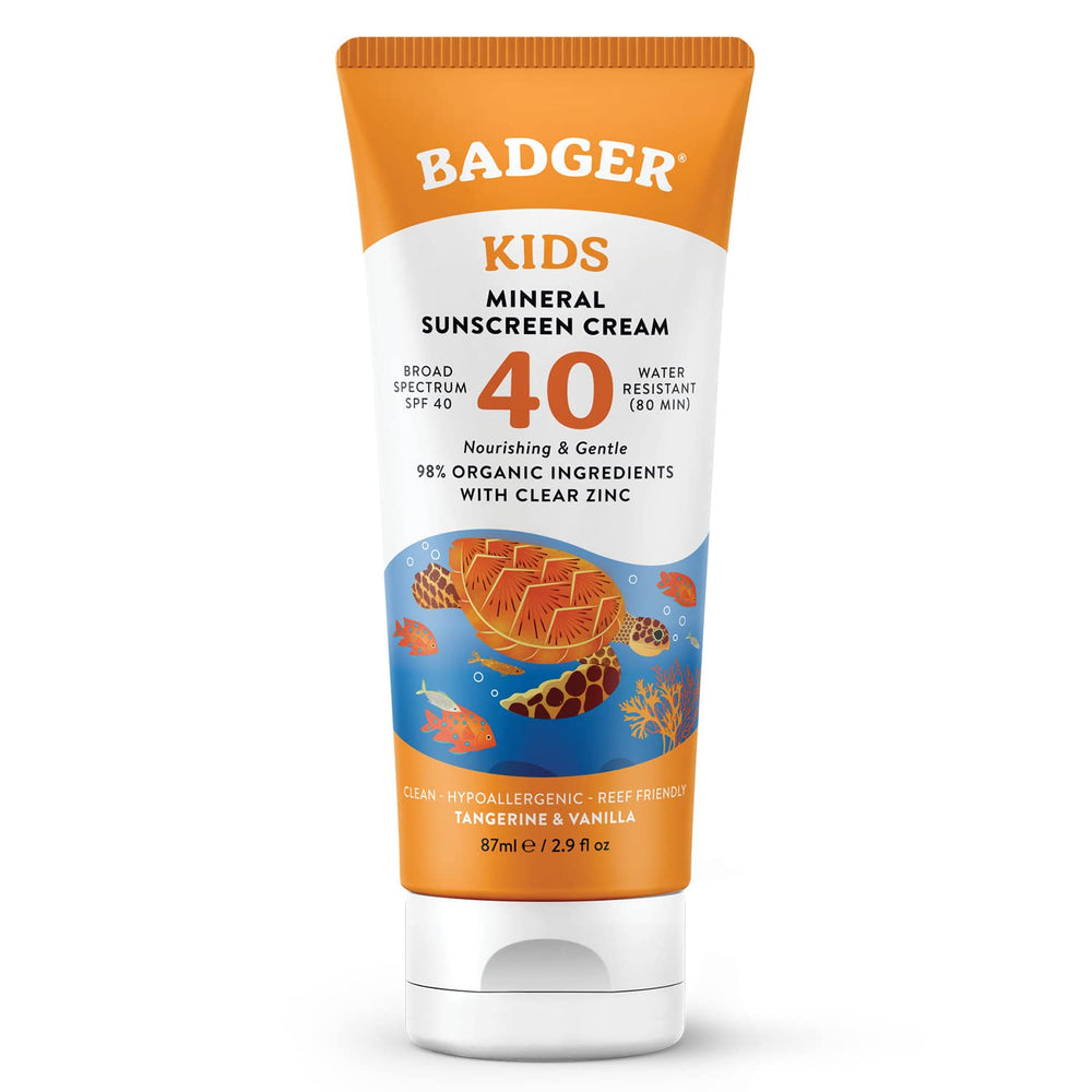 Badger Kids Mineral Sunscreen bottle front highlights SPF 40 reef-safe protection