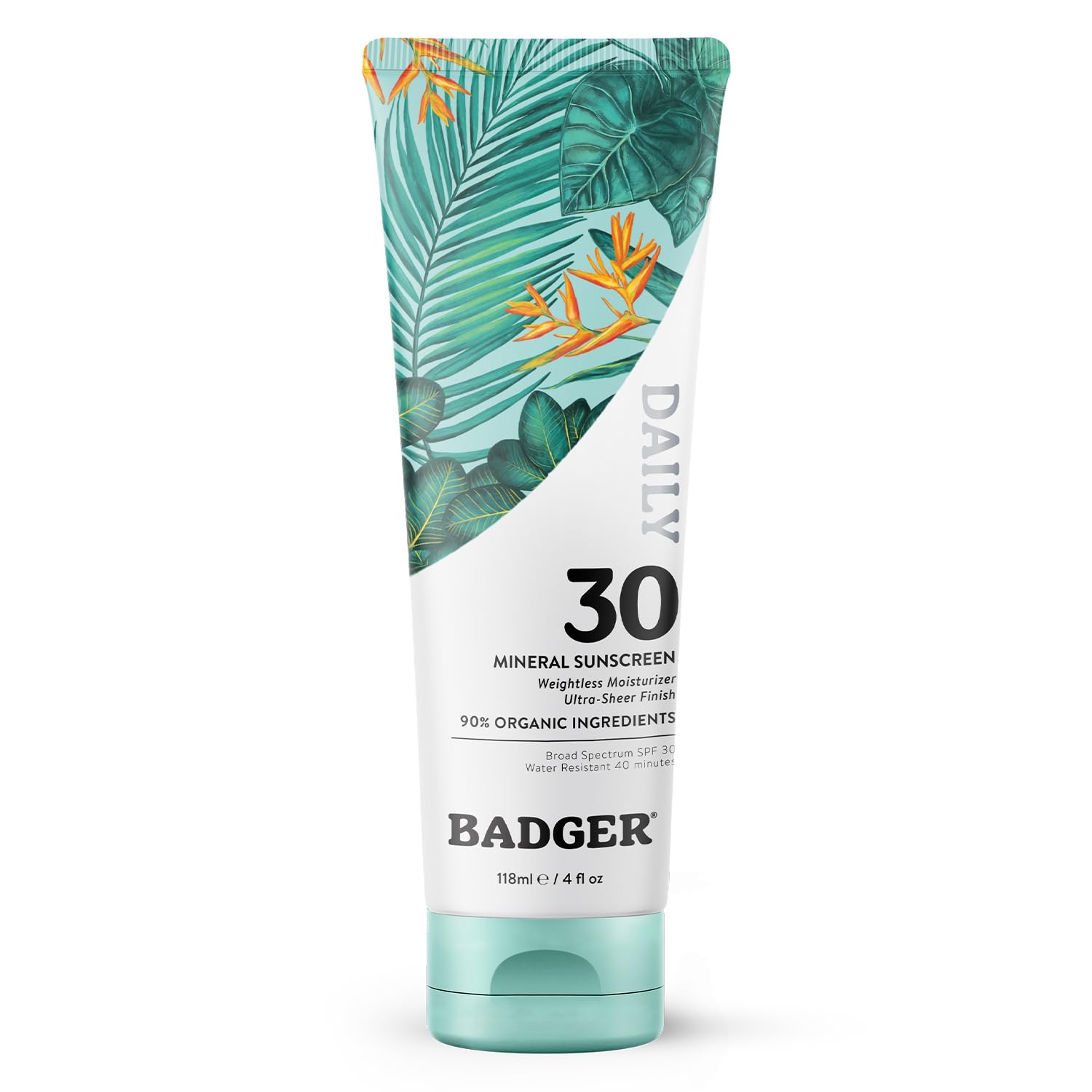 Badger Mineral Daily Sunscreen bottle offers lightweight, sheer protection for daily use.