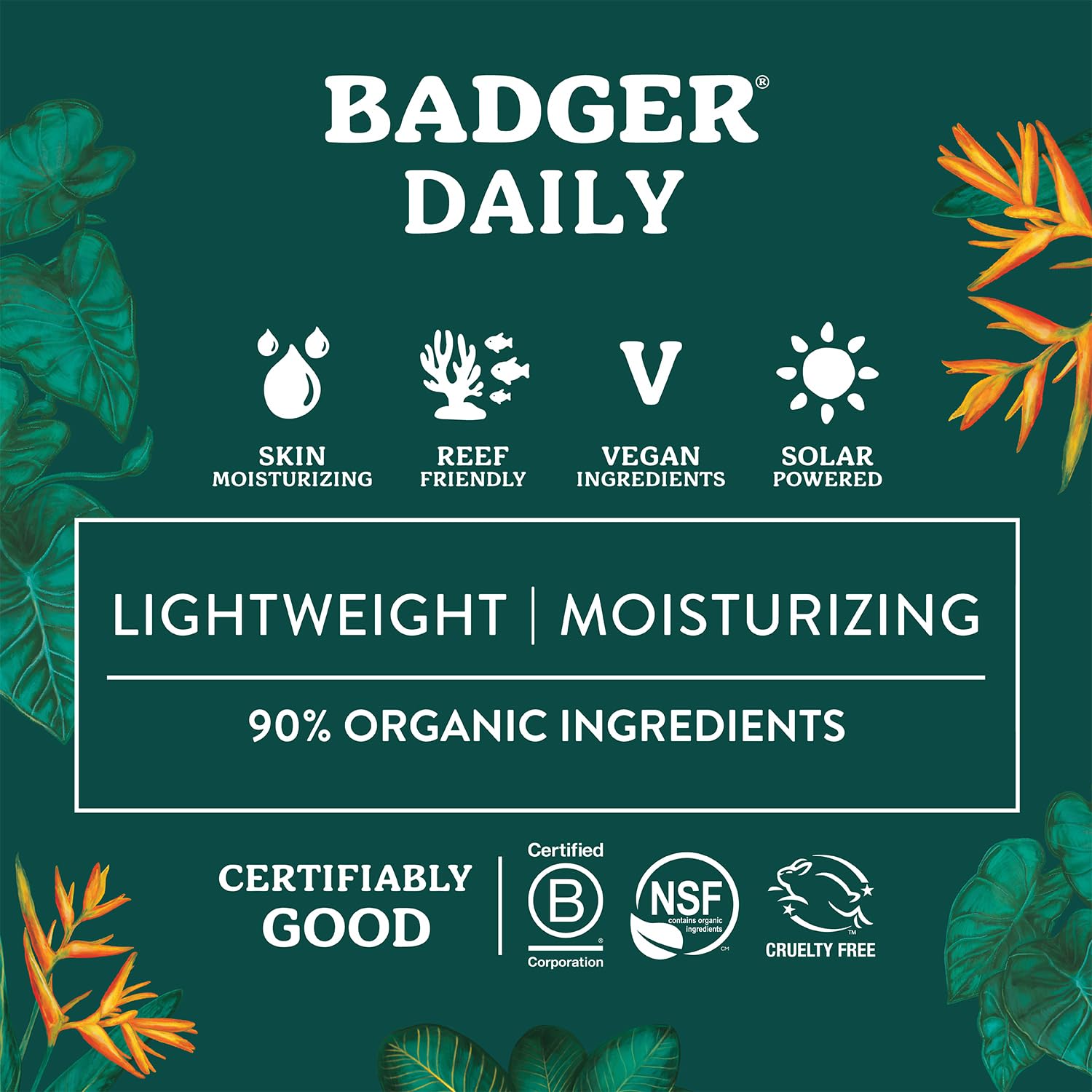 Badger Mineral Daily Sunscreen ingredients section features zinc oxide and natural oils.