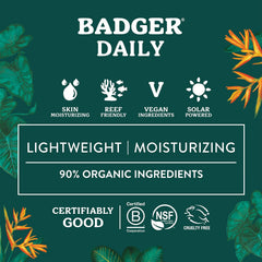 Badger Mineral Daily Sunscreen ingredients section features zinc oxide and natural oils.