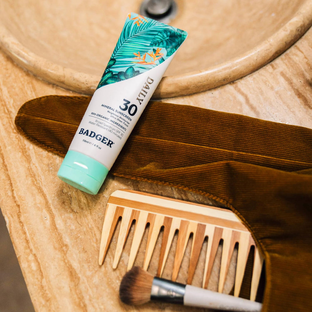 Badger Mineral Daily Sunscreen packaging uses recyclable tube to promote sustainability.