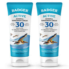 Badger Mineral Sunscreen Cream SPF 30 bottle demonstrates reef-safe sun protection for daily use.