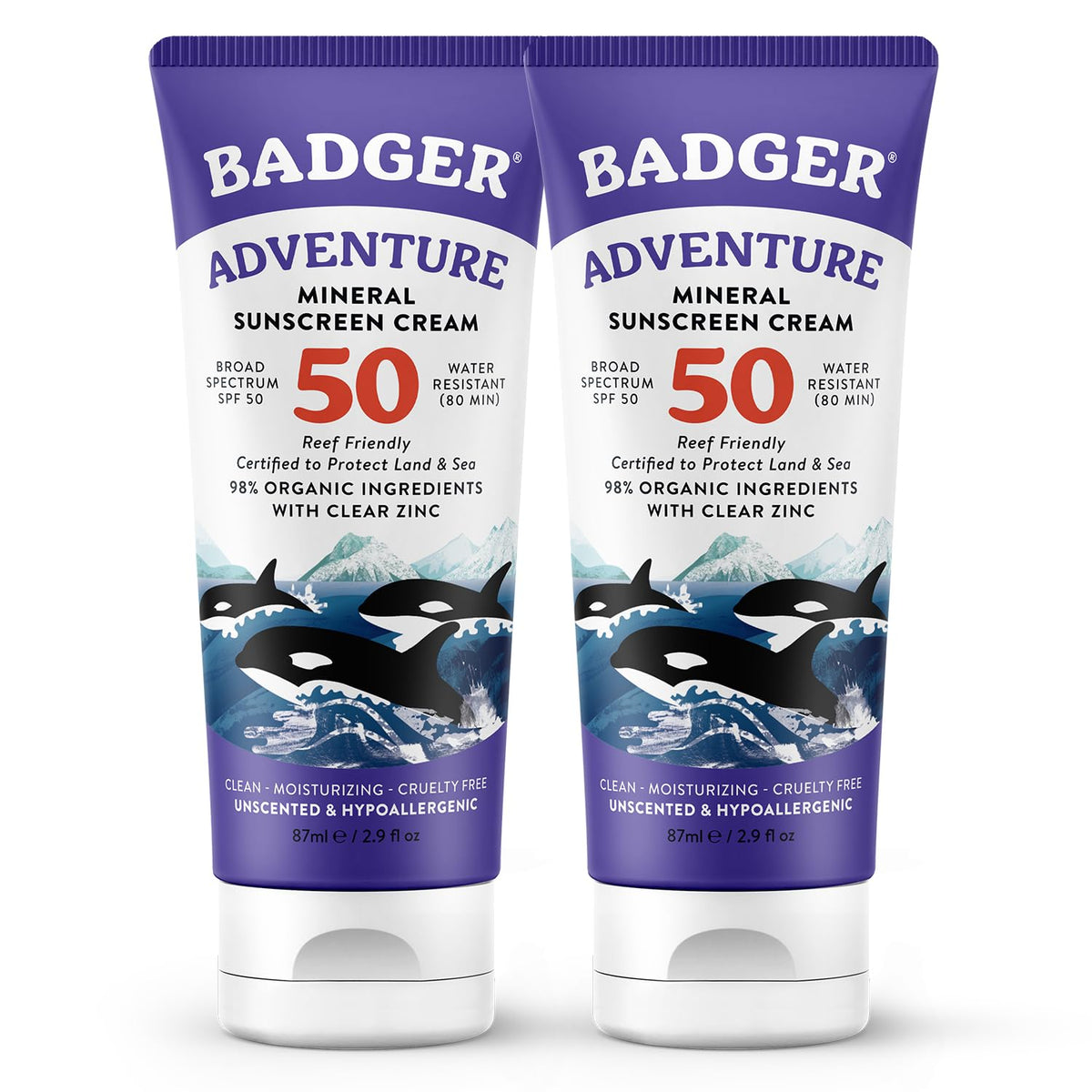 Badger reef-safe mineral sunscreen two-pack bottle ready for outdoor adventures.