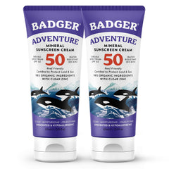 Badger reef-safe mineral sunscreen two-pack bottle ready for outdoor adventures.