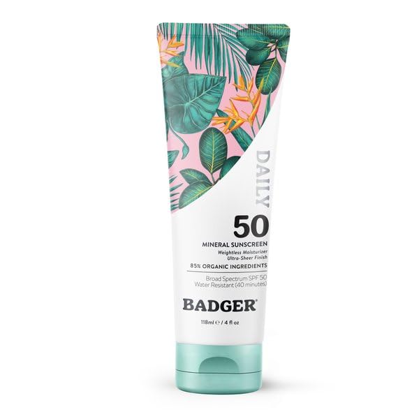 Badger SPF 50 Daily Mineral Sunscreen bottle front view with silky protection