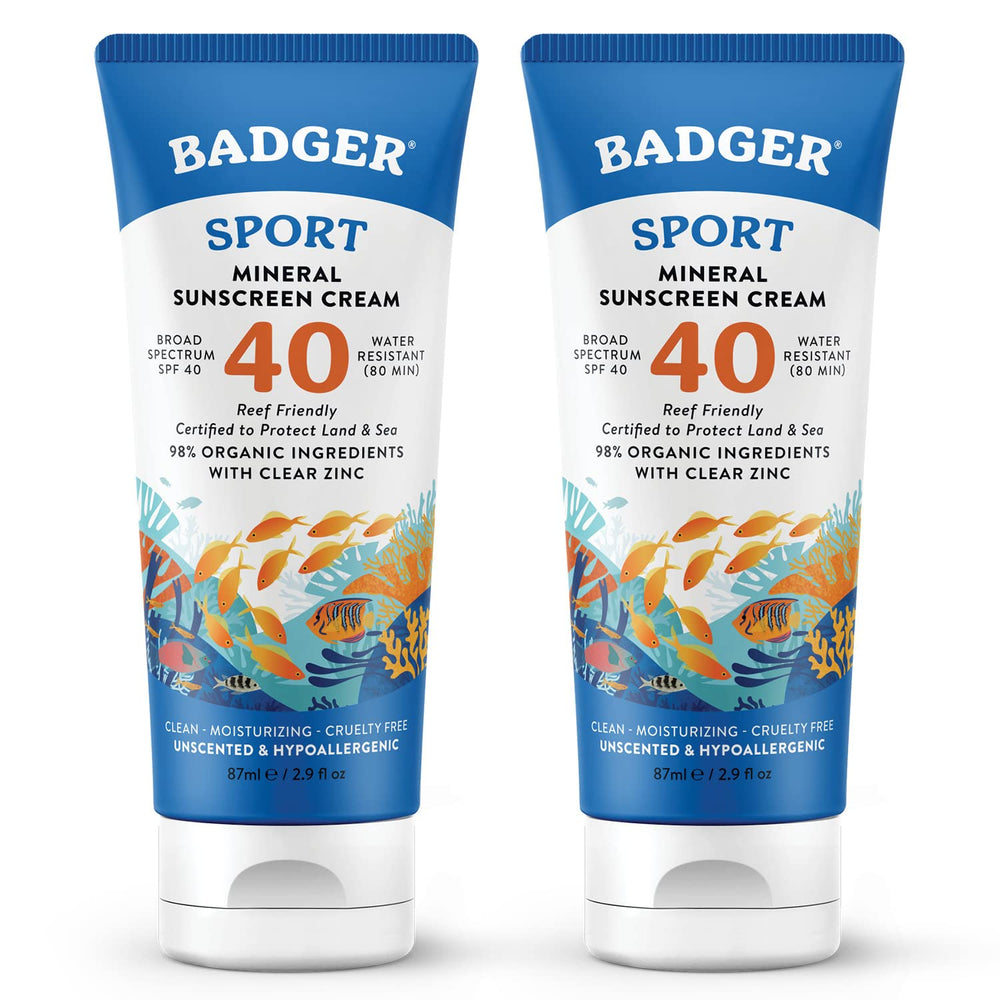 Badger Sport Mineral Sunscreen tube packaging for easy stacking and travel.