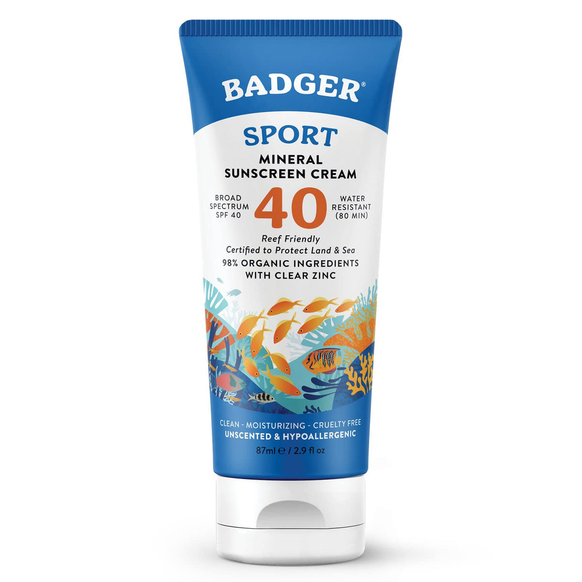 Badger Sport Sunscreen bottle front label highlighting reef-safe SPF 40