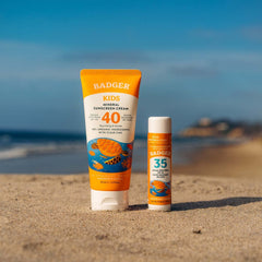 Badger Sunscreen Reef Safe label signals an eco-friendly choice for beach days.