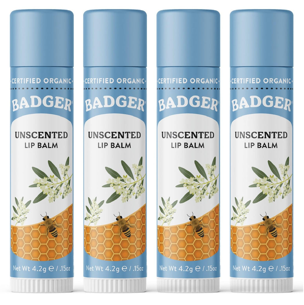 Badger Unscented Classic Lip Balm 4-pack with silky glide and long-lasting moisture