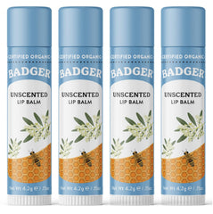 Badger Unscented Classic Lip Balm 4-pack with silky glide and long-lasting moisture
