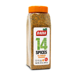 Badia 14 Spices Salt-Free All-Purpose Seasoning bottle shows garlic-onion-parsley blend.