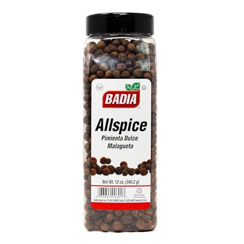 Badia Allspice Whole container close-up highlighting cinnamon and clove notes.
