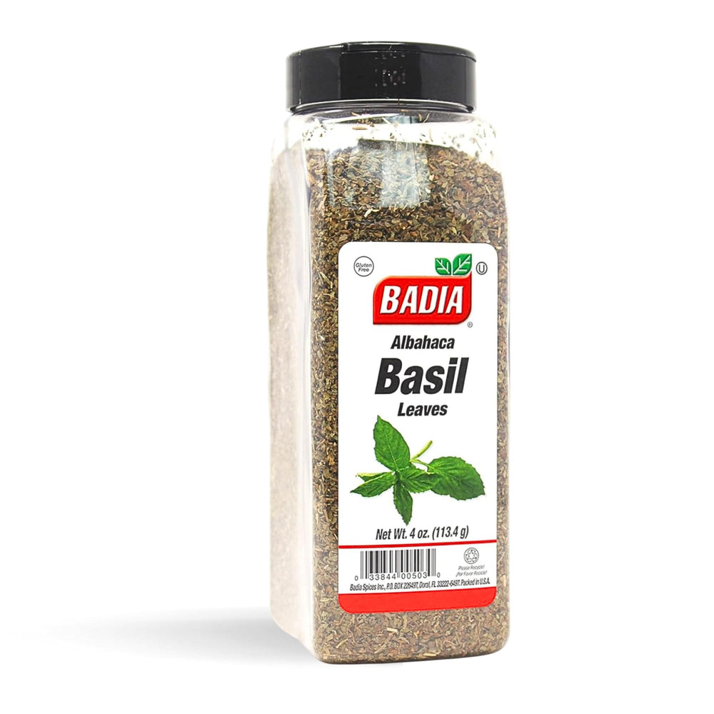 Badia Basil Leaves jar showcases vibrant color for pasta sauces and marinades.