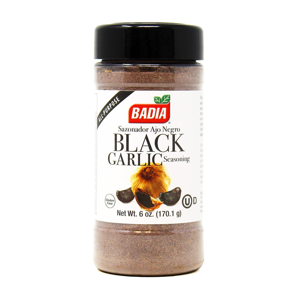 Badia Black Garlic Seasoning bottle closeup highlighting rich umami flavor boost