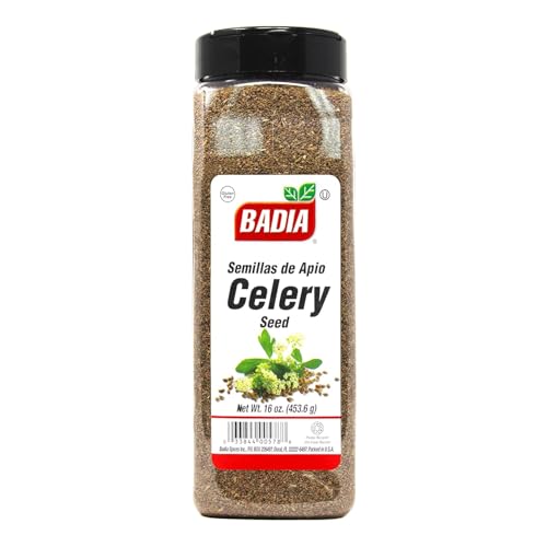 Badia celery seed label closeup highlights authentic spice for salads and marinades.