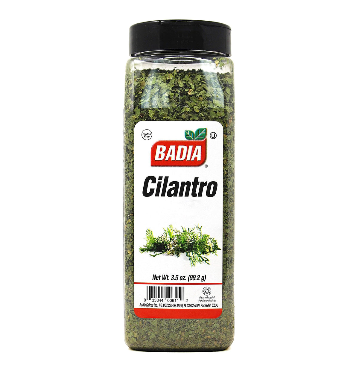 Badia Cilantro Flakes jar front, bright citrus herb for quick flavor boosts.