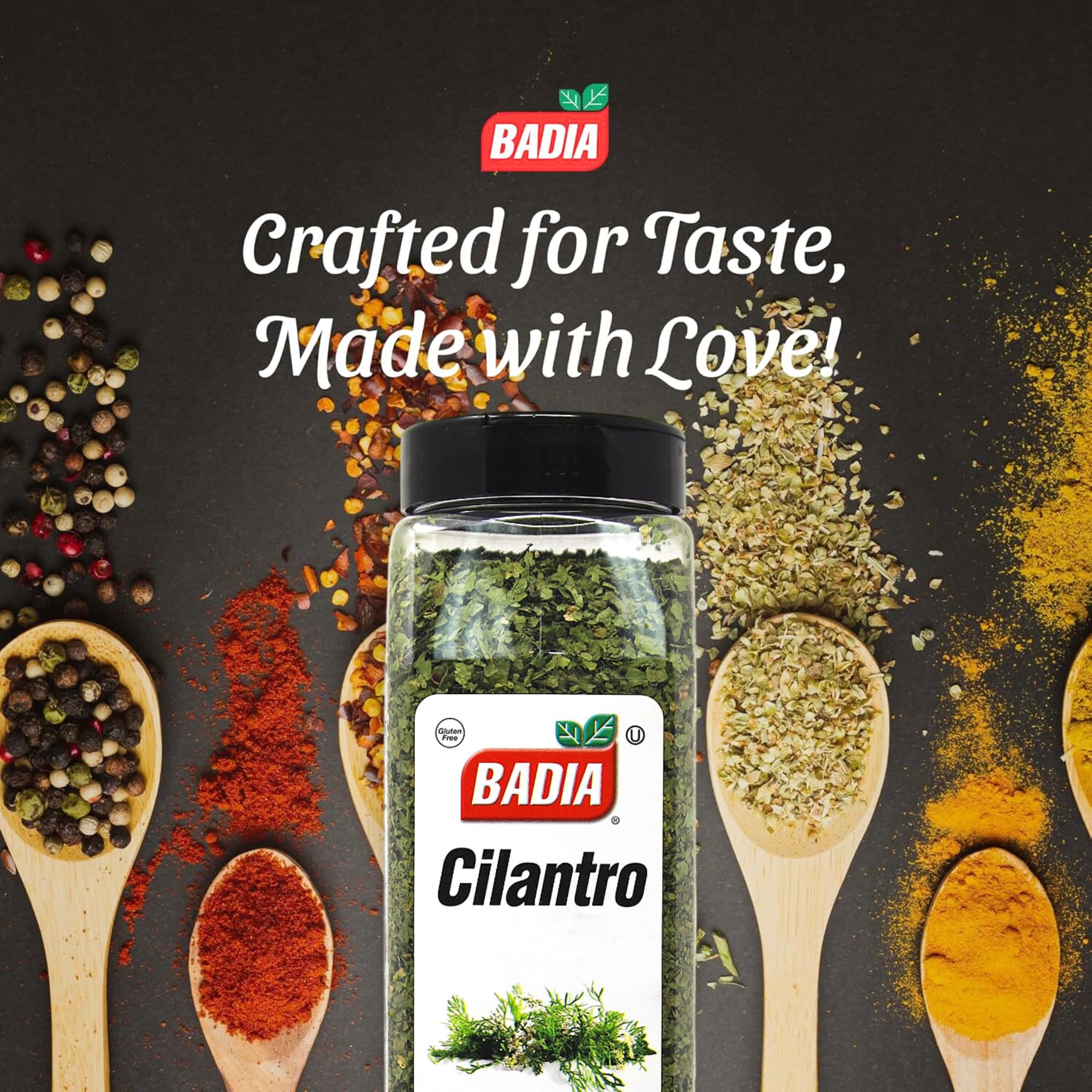 Badia Cilantro Flakes pour-spout jar, convenient seasoning for salsas and marinades.