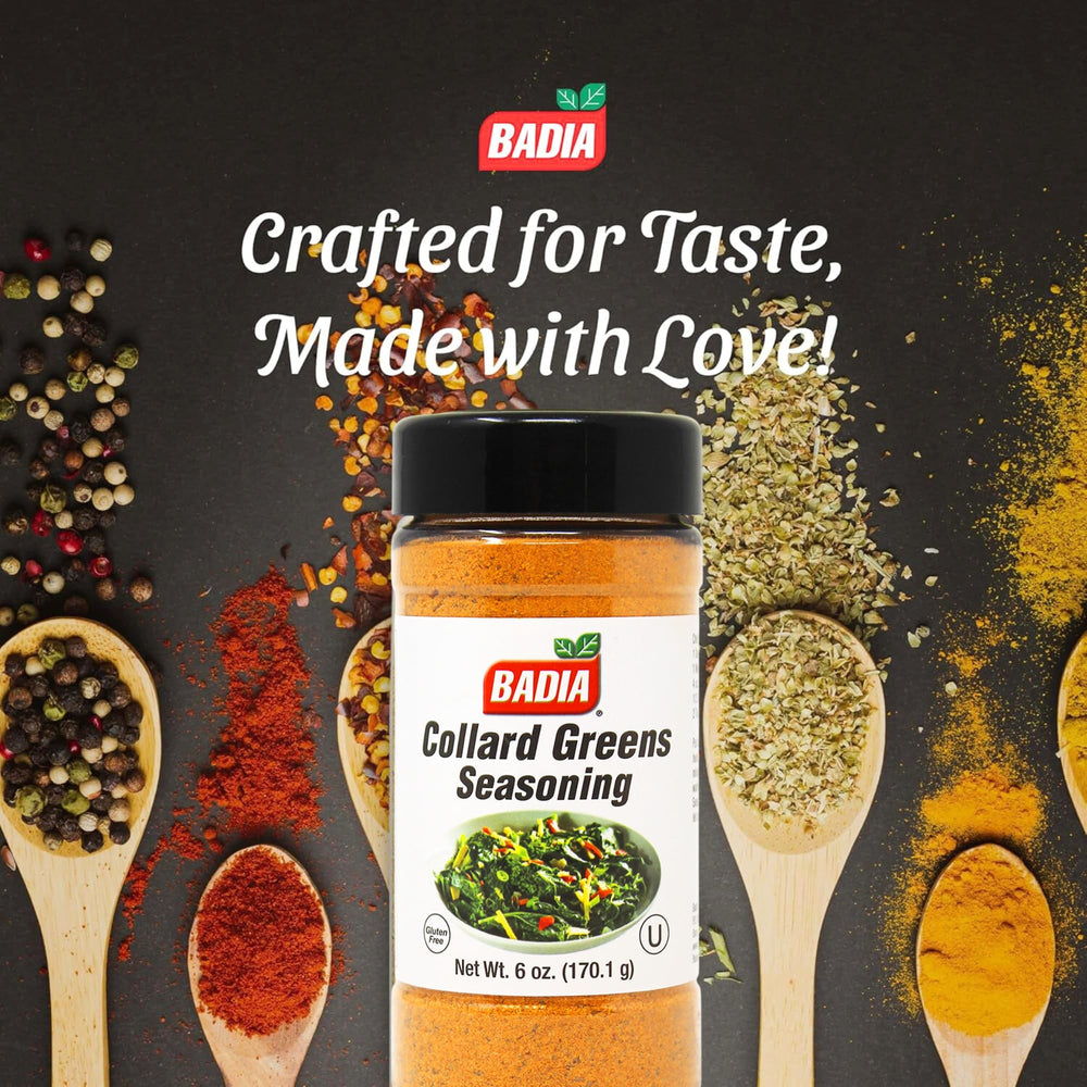 Close-up of Badia Collard Greens Seasoning label with dehydrated vegetables and spices.