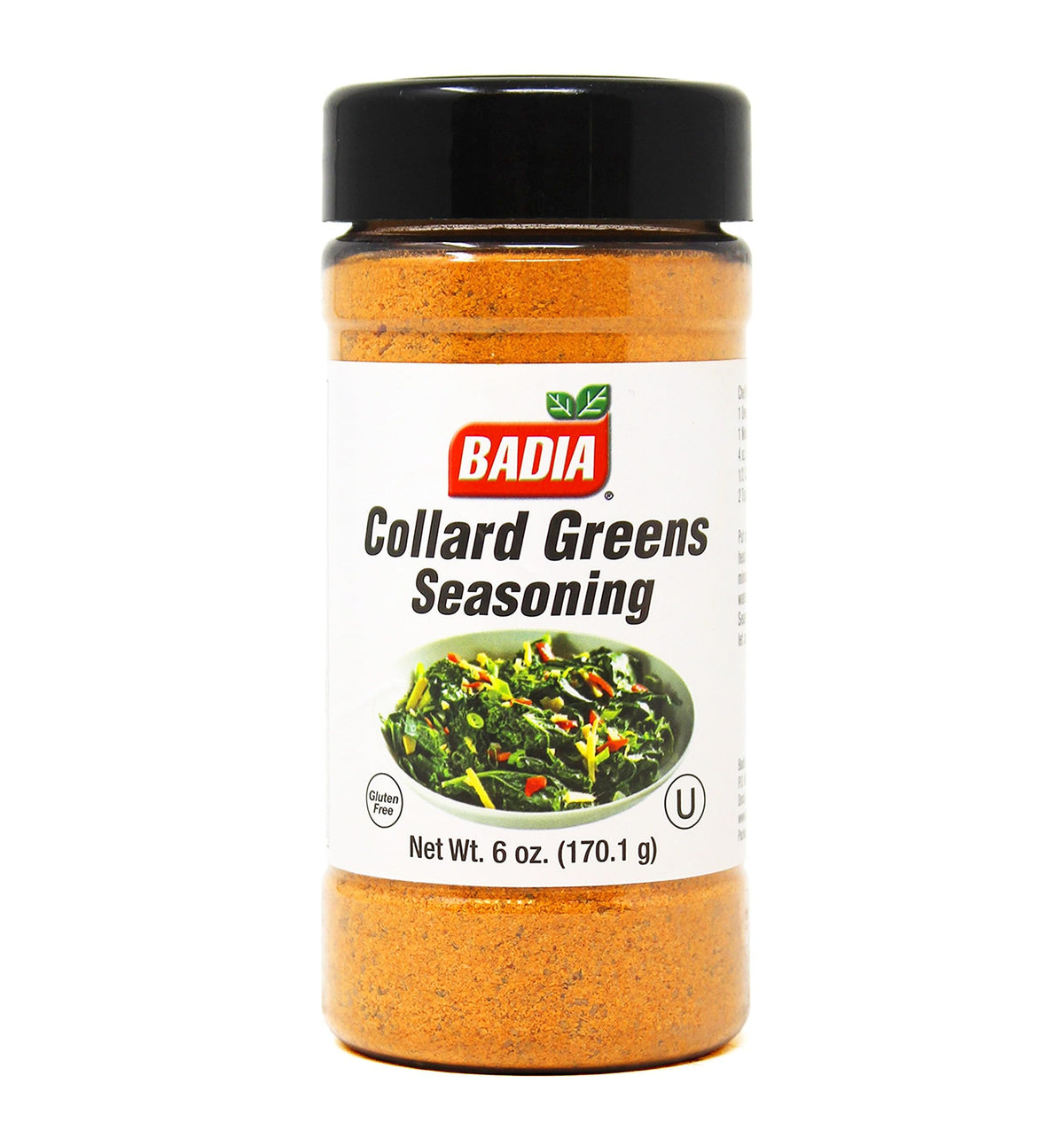 Badia Collard Greens Seasoning jar close-up highlighting spices for greens flavor.