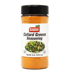Badia Collard Greens Seasoning jar close-up highlighting spices for greens flavor.