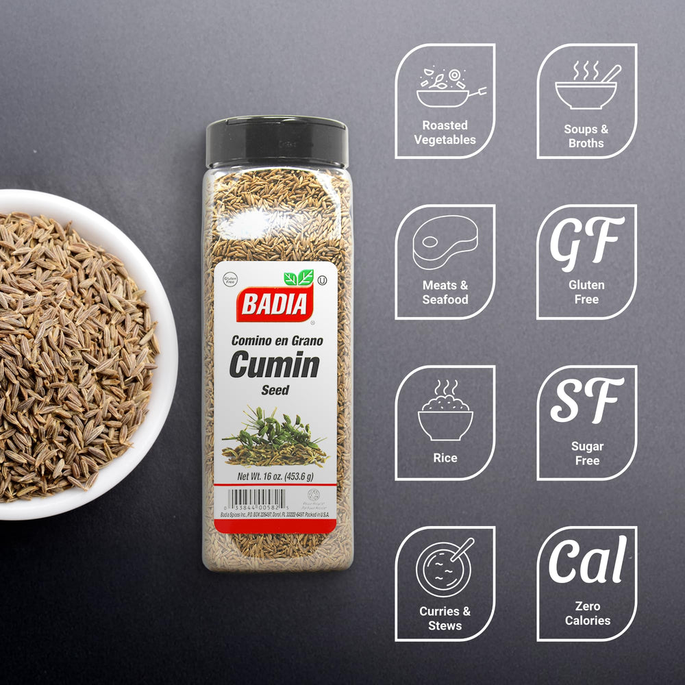 Badia Cumin Seeds closeup highlights warm, nutty flavor potential.