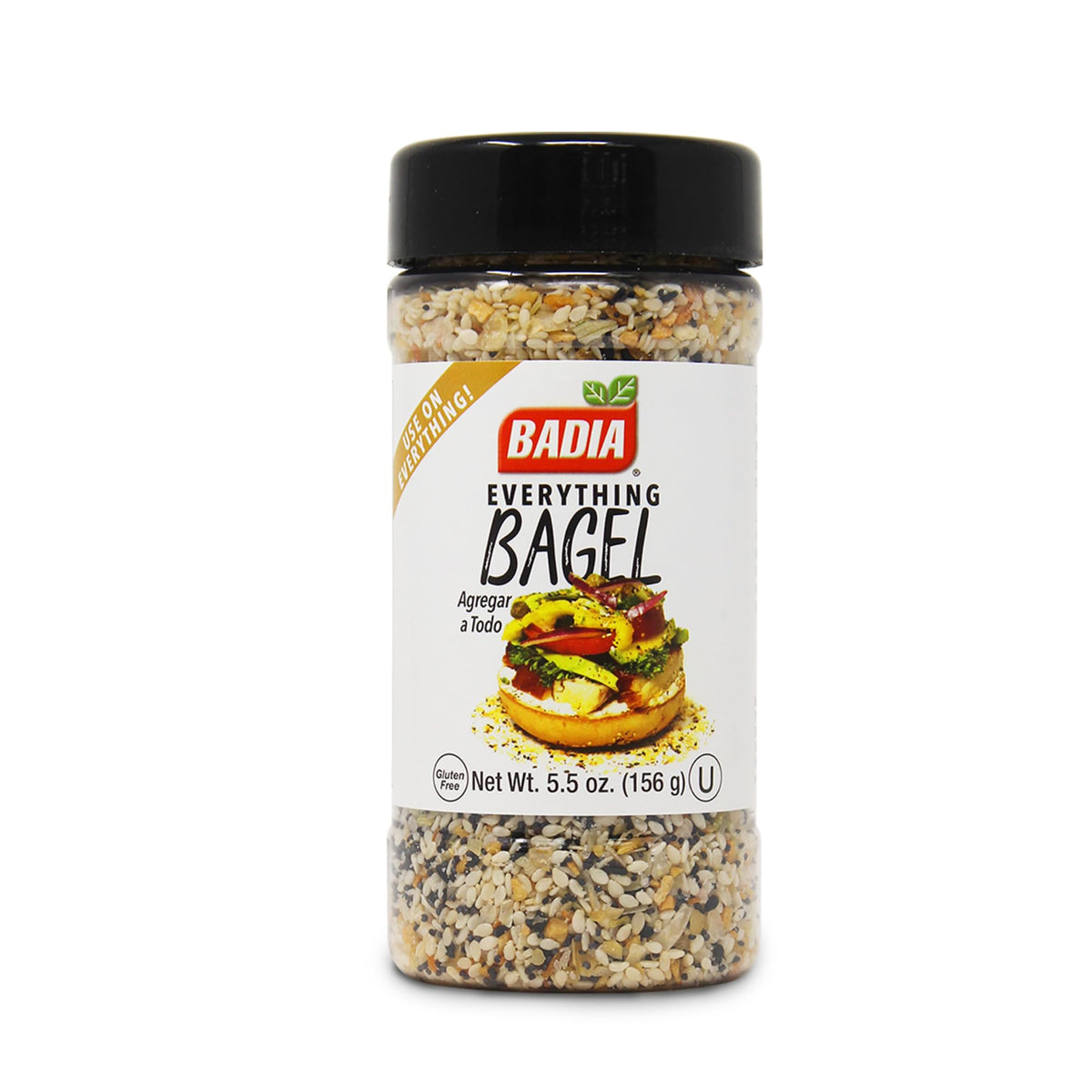 Badia Everything Bagel Seasoning bottle with sesame seeds and crunchy texture.