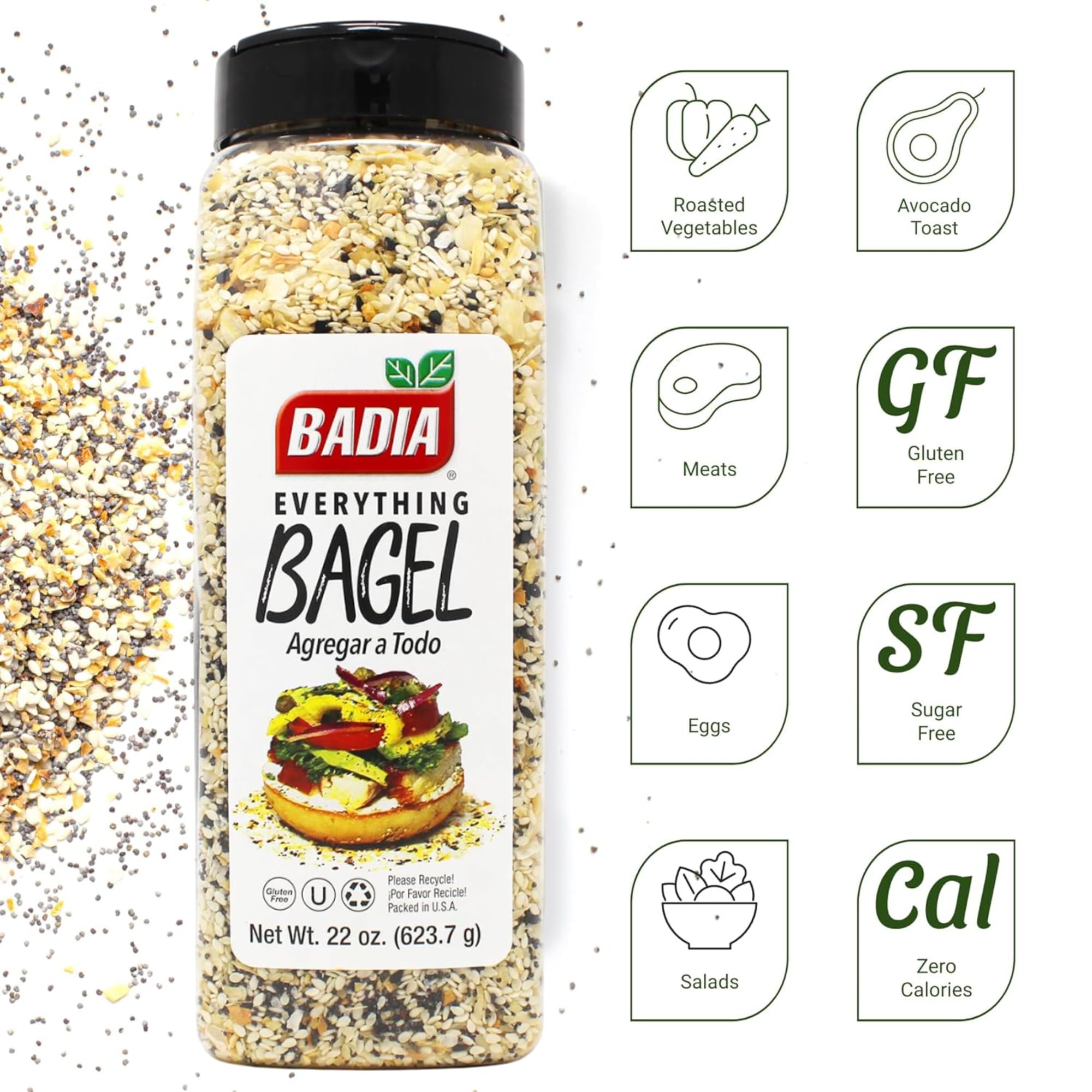 Badia Everything Bagel Seasoning being sprinkled over food for ready flavor