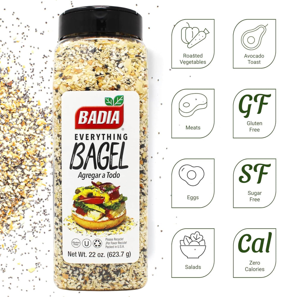 Badia Everything Bagel Seasoning being sprinkled over food for ready flavor