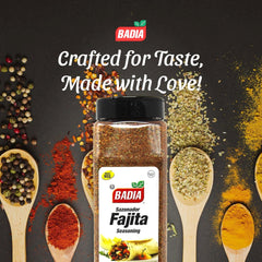 Badia Fajita Seasoning seasoned dish with peppers and sizzling meat.