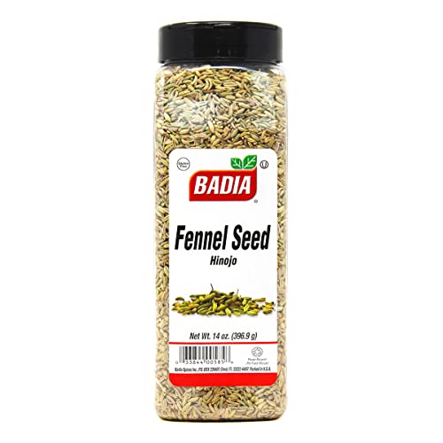 Badia fennel seeds close-up reveals premium whole seeds releasing sweet licorice notes when toasted.