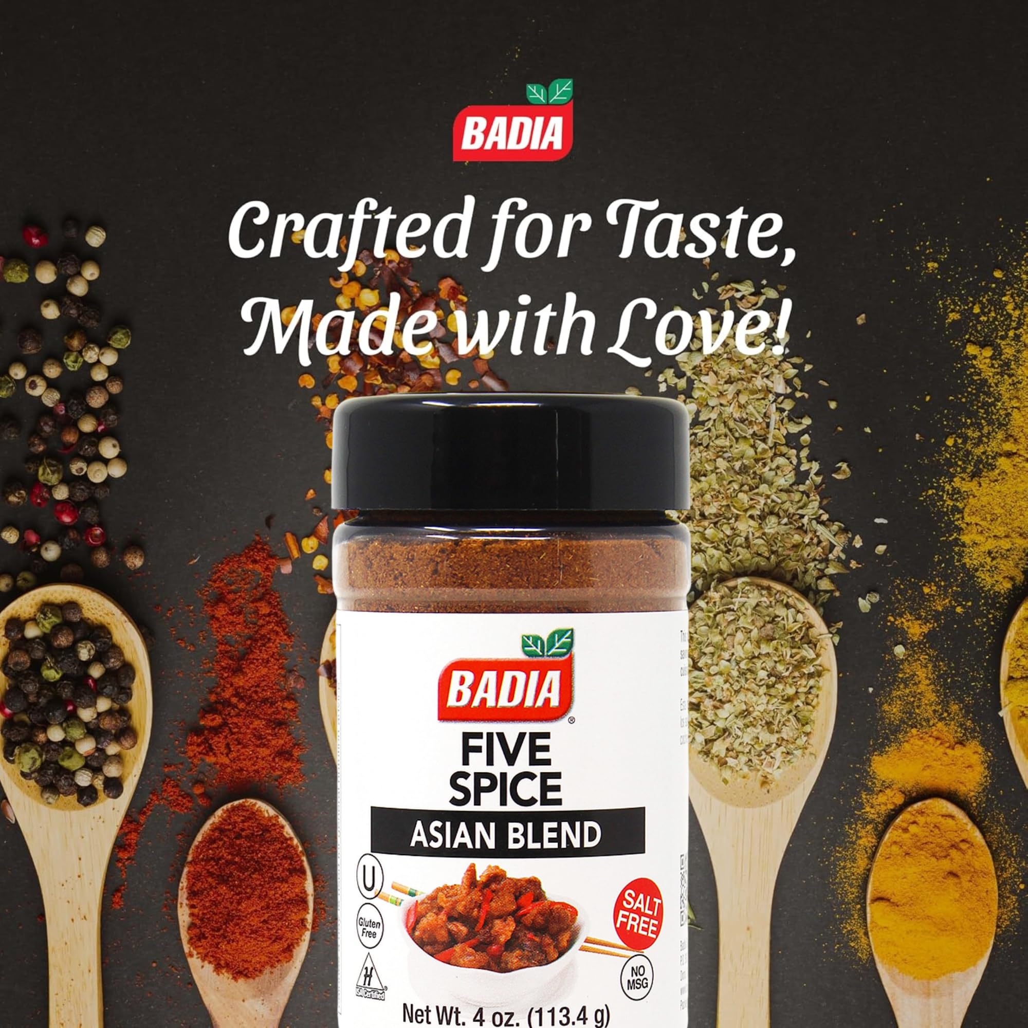 Badia Five Spice jar close-up showing fragrant fennel and cinnamon.