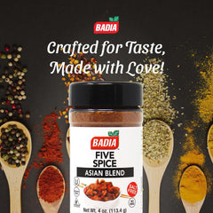 Badia Five Spice jar close-up showing fragrant fennel and cinnamon.