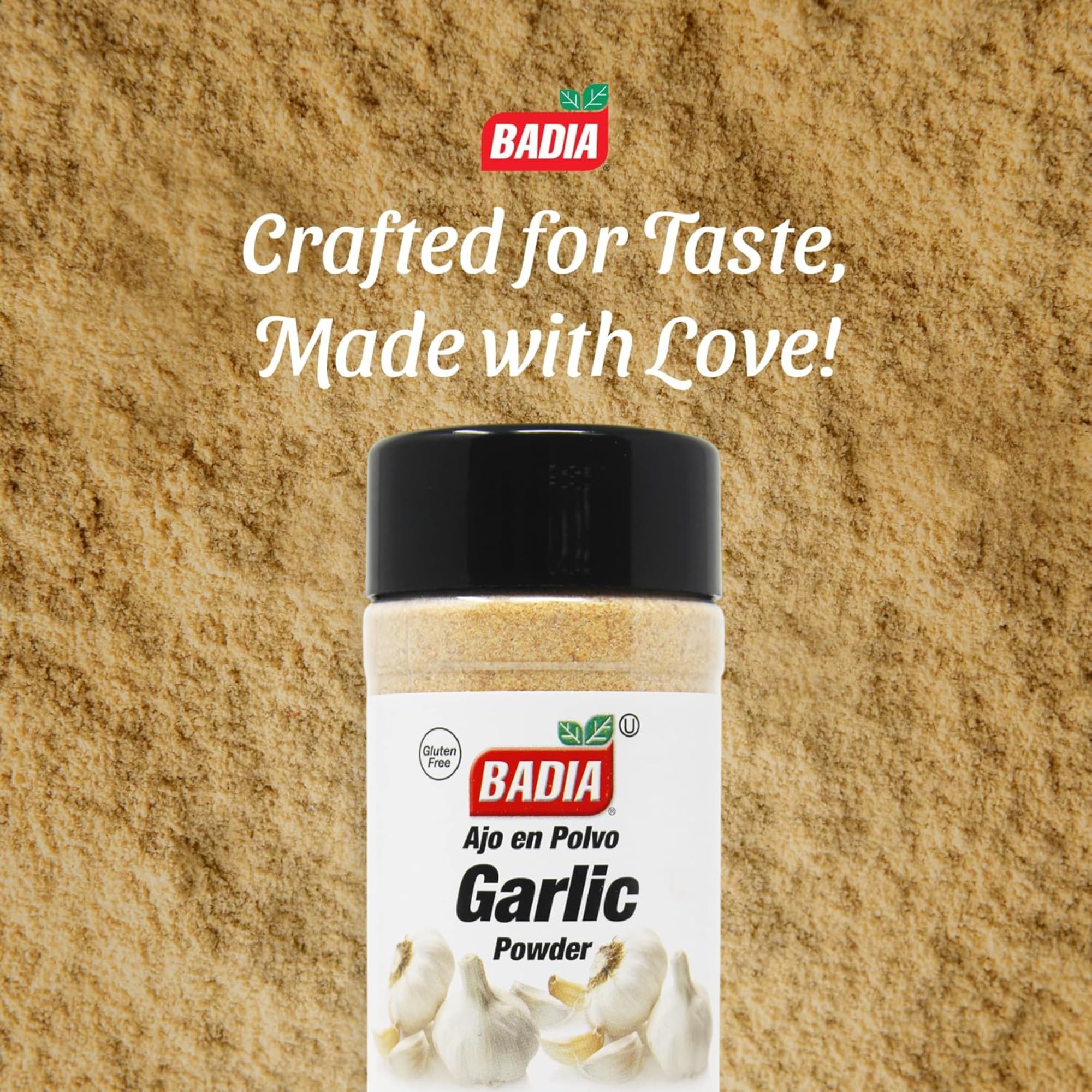 Badia garlic powder label-closeup, clear ingredients and freshness indicator.