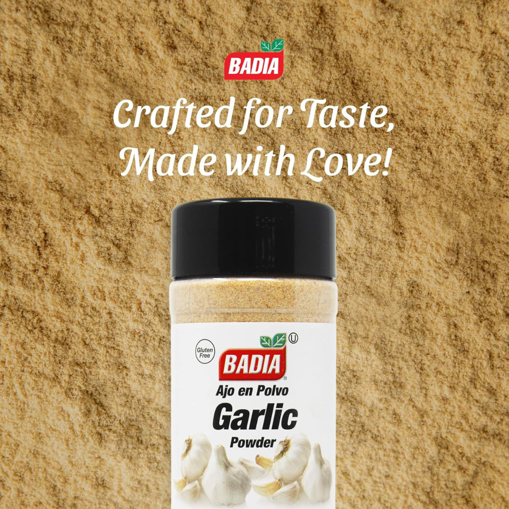 Badia garlic powder label-closeup, clear ingredients and freshness indicator.