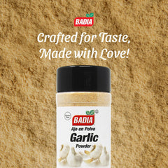 Badia garlic powder label-closeup, clear ingredients and freshness indicator.