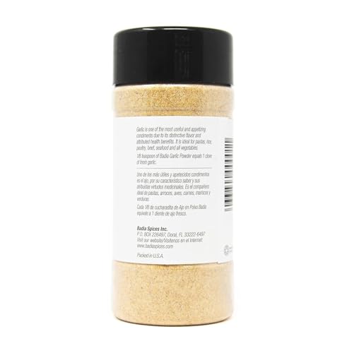Badia garlic powder scoop-dispense, easy to measure and sprinkle.