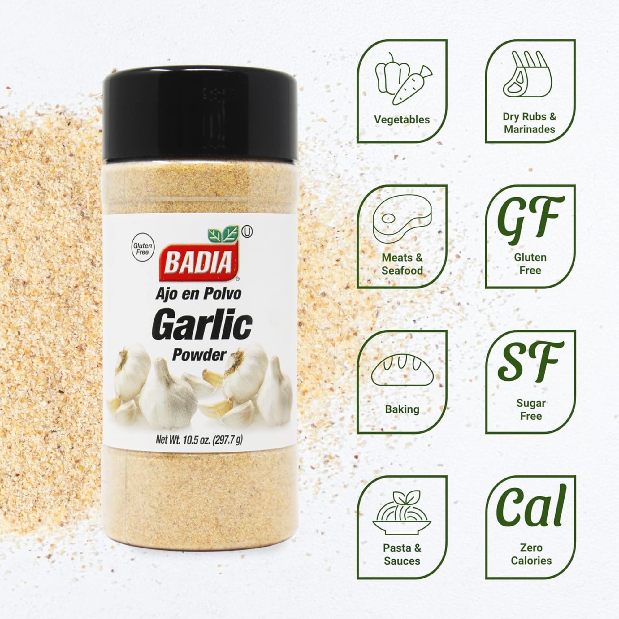 Badia garlic powder textured-powder, close-up shows fine granules.