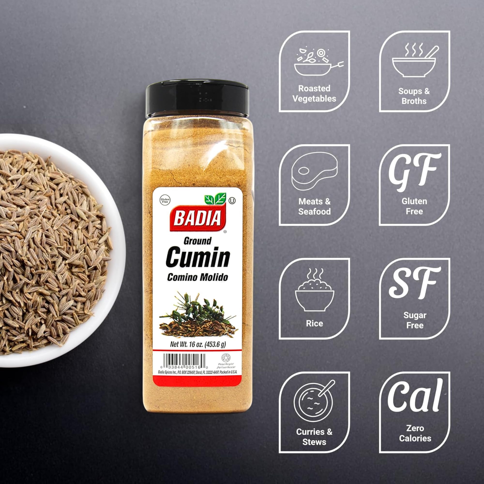 Badia Ground Cumin jar open dusting, easy seasoning in rubs and marinades