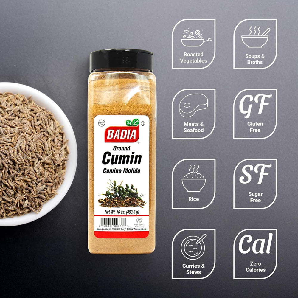 Badia Ground Cumin jar open dusting, easy seasoning in rubs and marinades