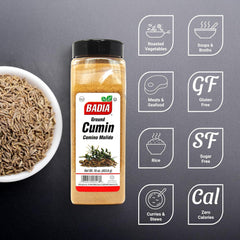 Badia Ground Cumin jar open dusting, easy seasoning in rubs and marinades