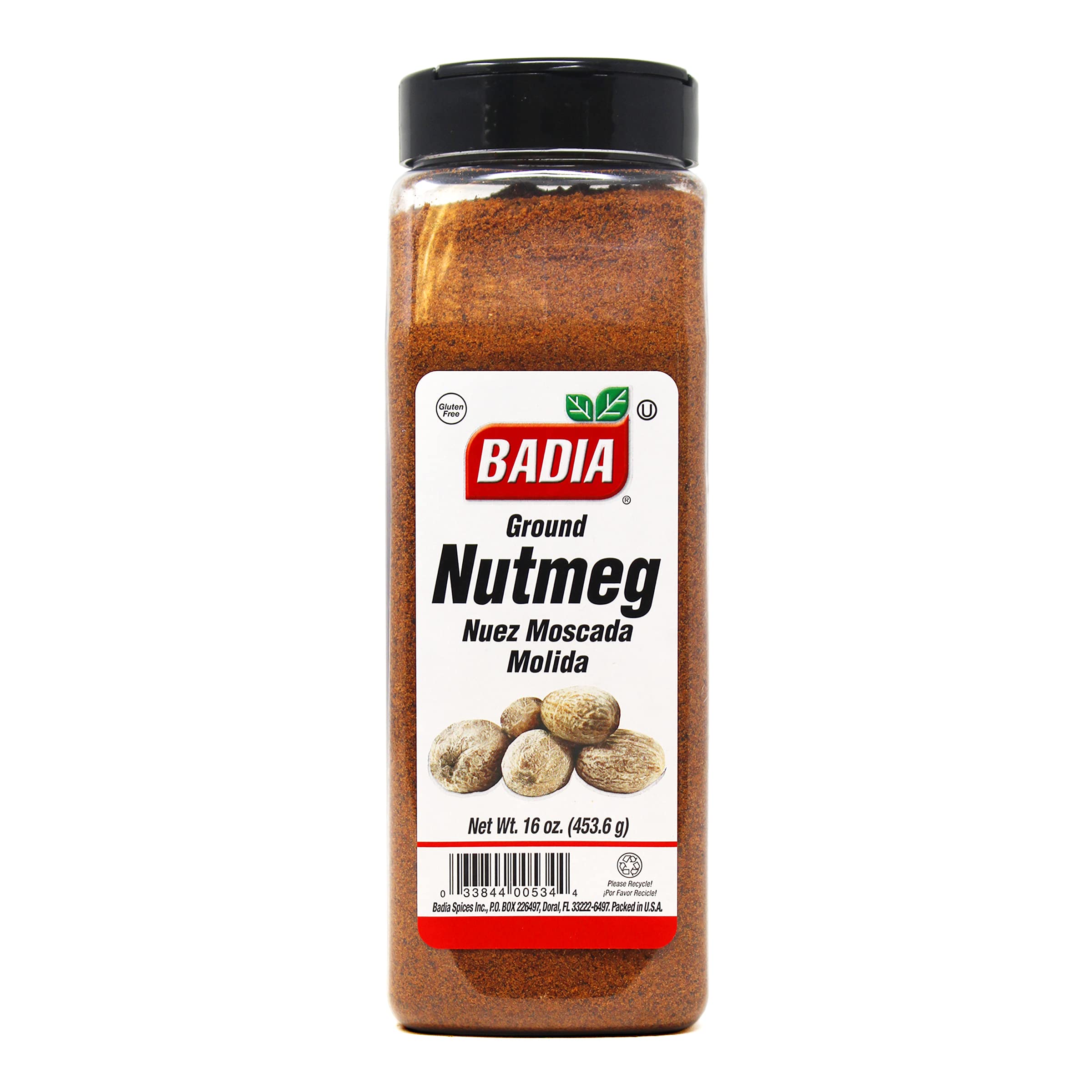 Badia ground nutmeg 16oz bottle – smooth powder for even flavor in baking and cooking.