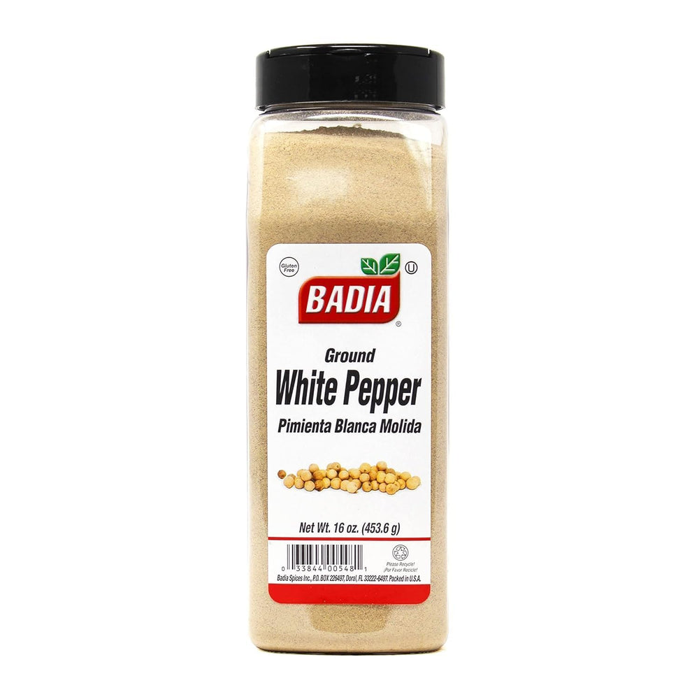 Badia ground white pepper 16oz bottle, smooth flavor for light sauces and seafood.