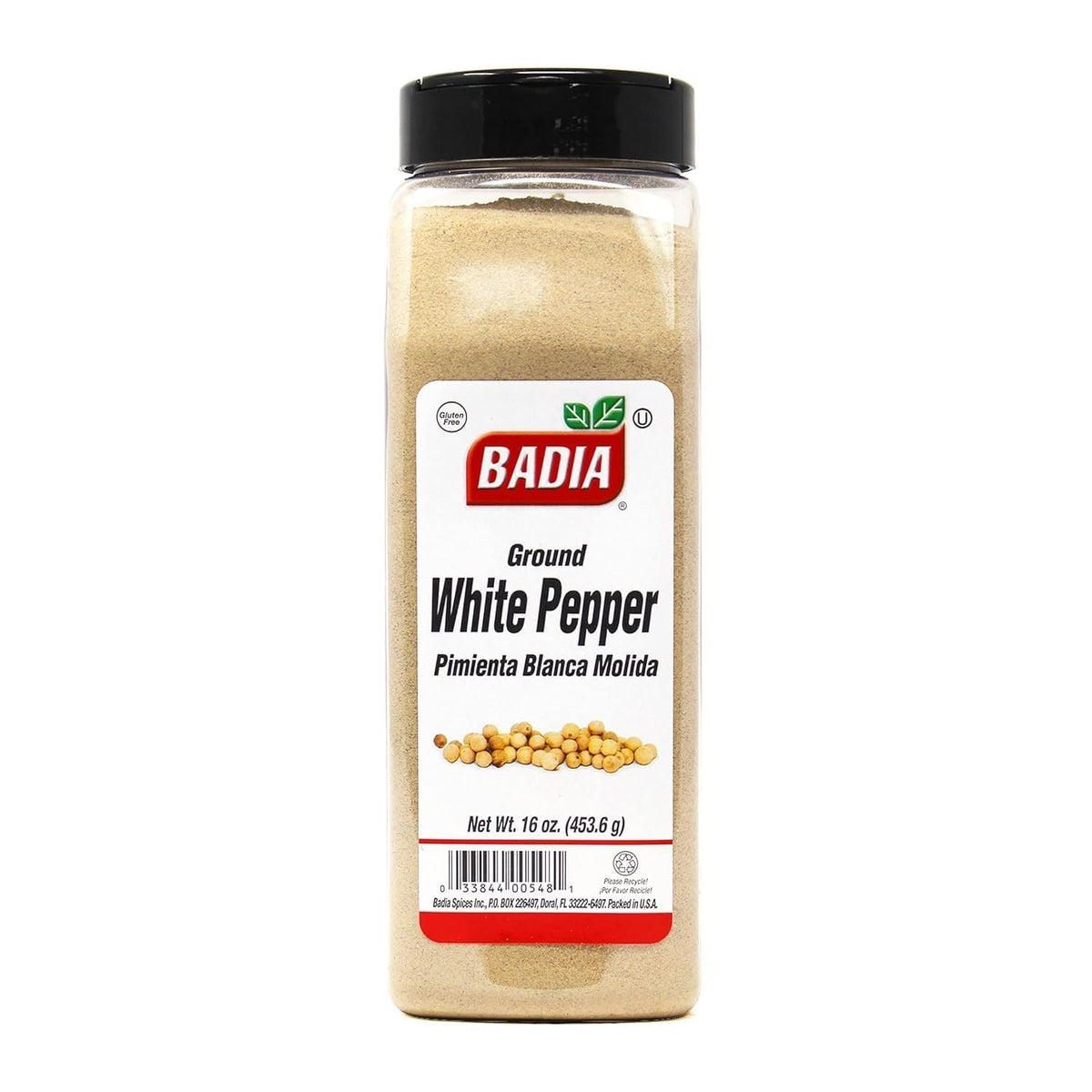 Badia ground white pepper 16oz bottle, smooth flavor for light sauces and seafood.