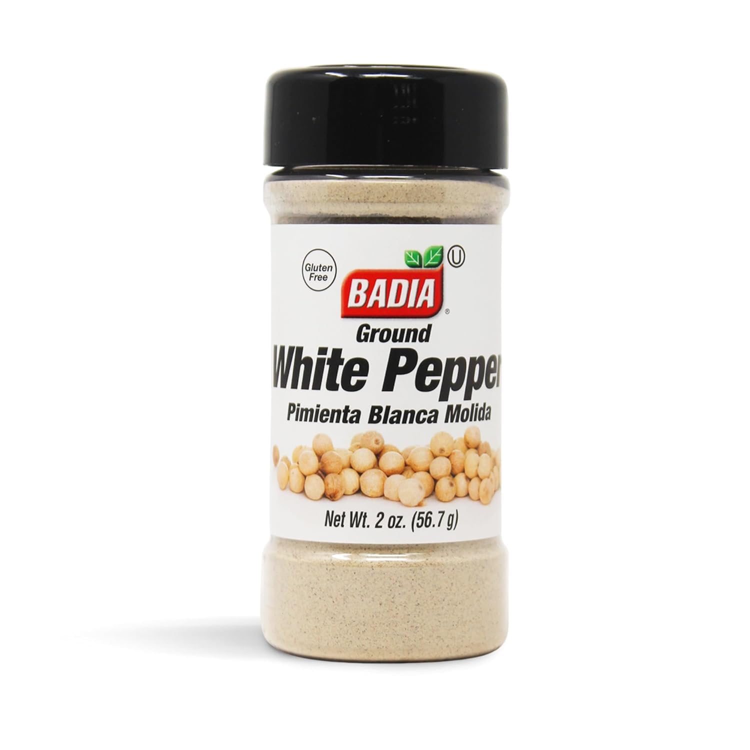 Badia ground white pepper bottle close up showing smooth heat for light sauces